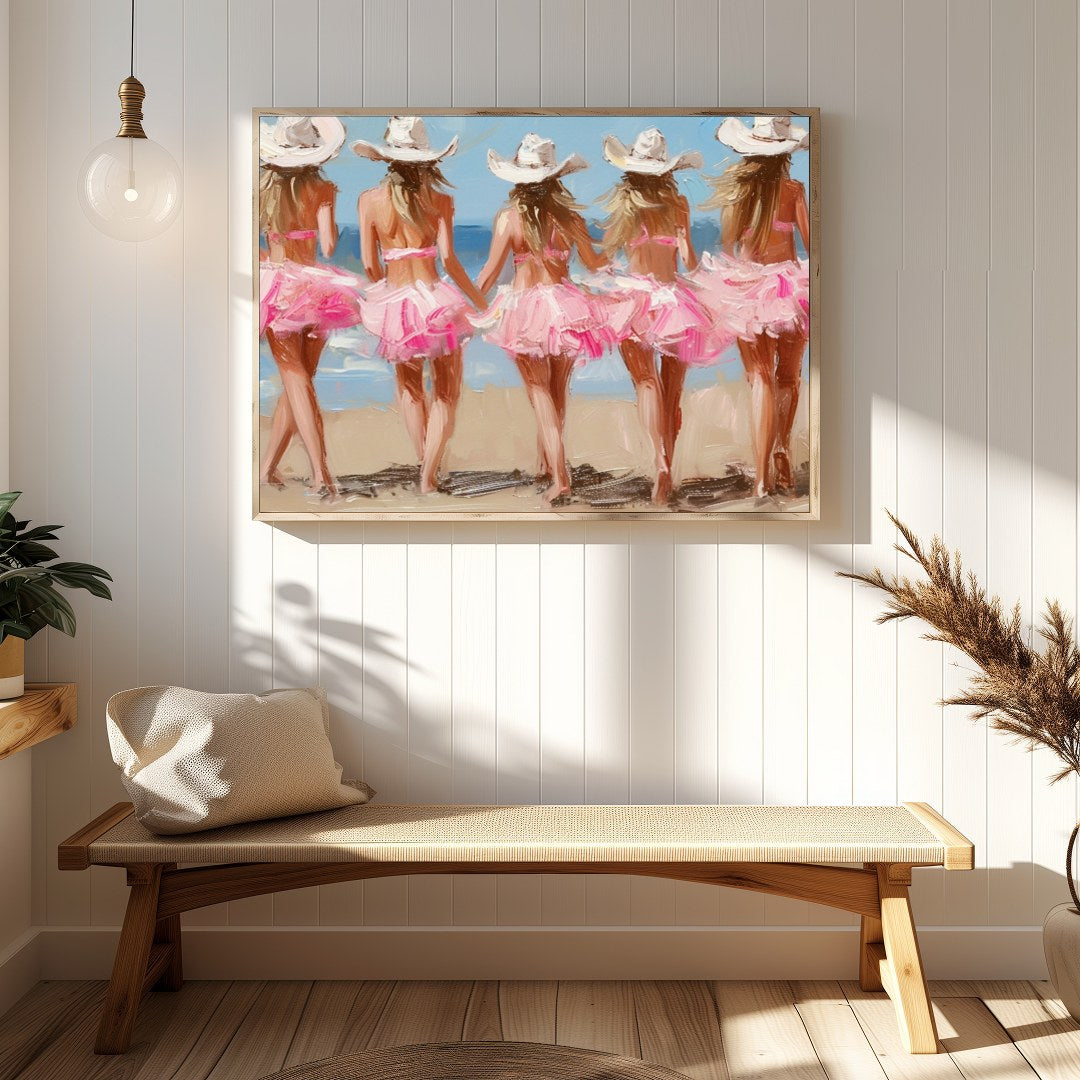 This enchanting artwork captures the whimsical charm of five ballerinas strolling along a sunlit for Hallway