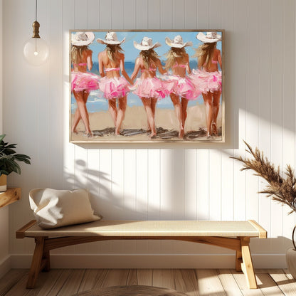 This enchanting artwork captures the whimsical charm of five ballerinas strolling along a sunlit for Hallway