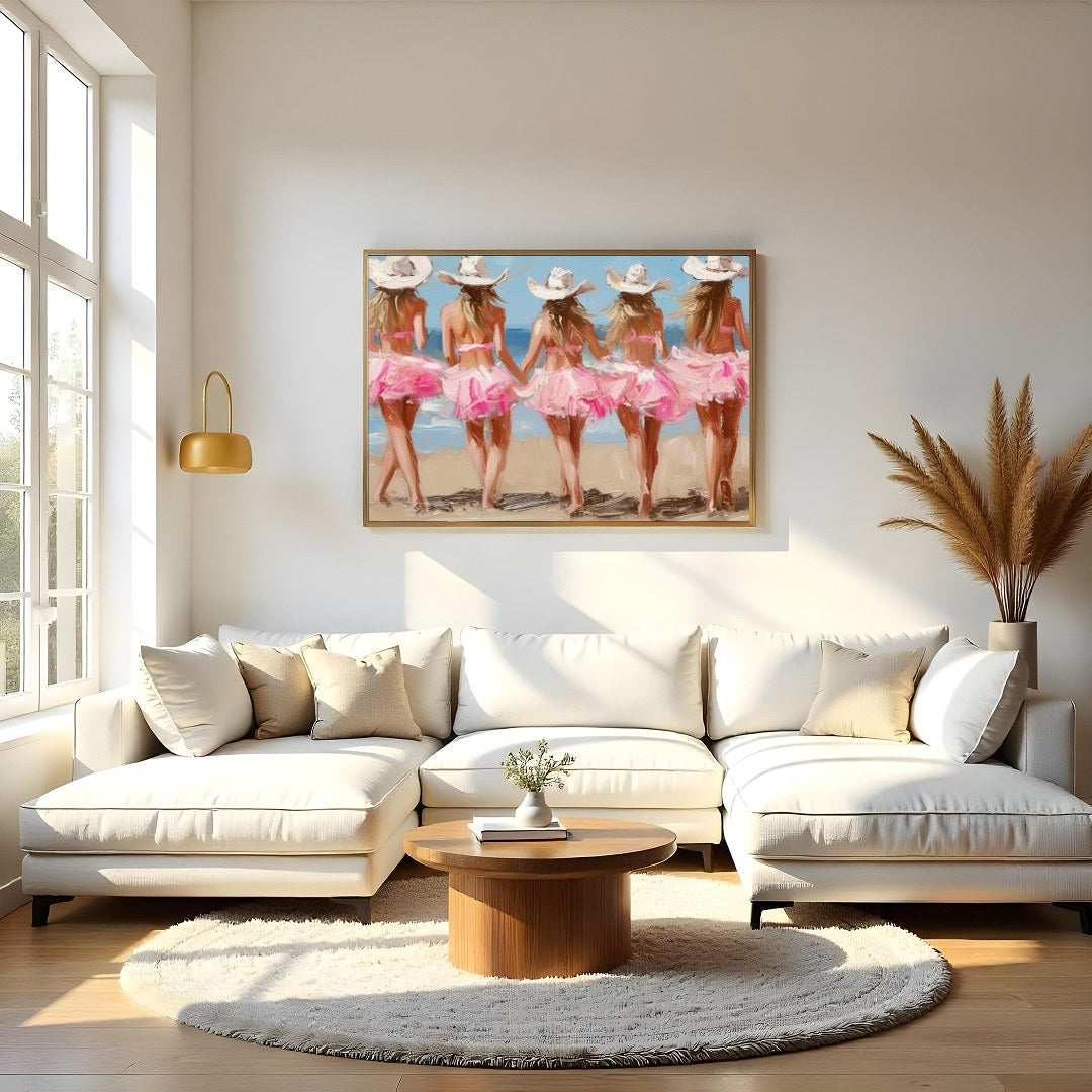This enchanting artwork captures the whimsical charm of five ballerinas strolling along a sunlit for Living Room