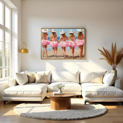 This enchanting artwork captures the whimsical charm of five ballerinas strolling along a sunlit for Living Room