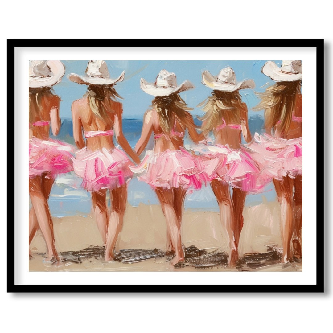 This enchanting artwork captures the whimsical charm of five ballerinas strolling along a sunlit for living-space