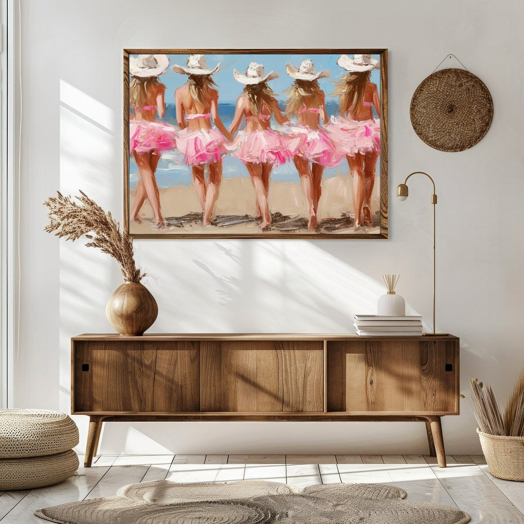 This enchanting artwork captures the whimsical charm of five ballerinas strolling along a sunlit for Sitting Area