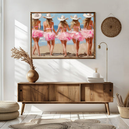This enchanting artwork captures the whimsical charm of five ballerinas strolling along a sunlit for Sitting Area