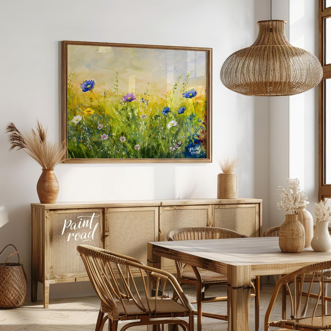 This vibrant digital watercolor painting captures a sunlit meadow vista filled with an array of col… for dining room