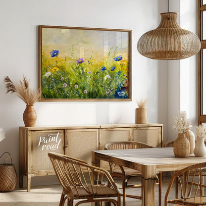 This vibrant digital watercolor painting captures a sunlit meadow vista filled with an array of col… for dining room