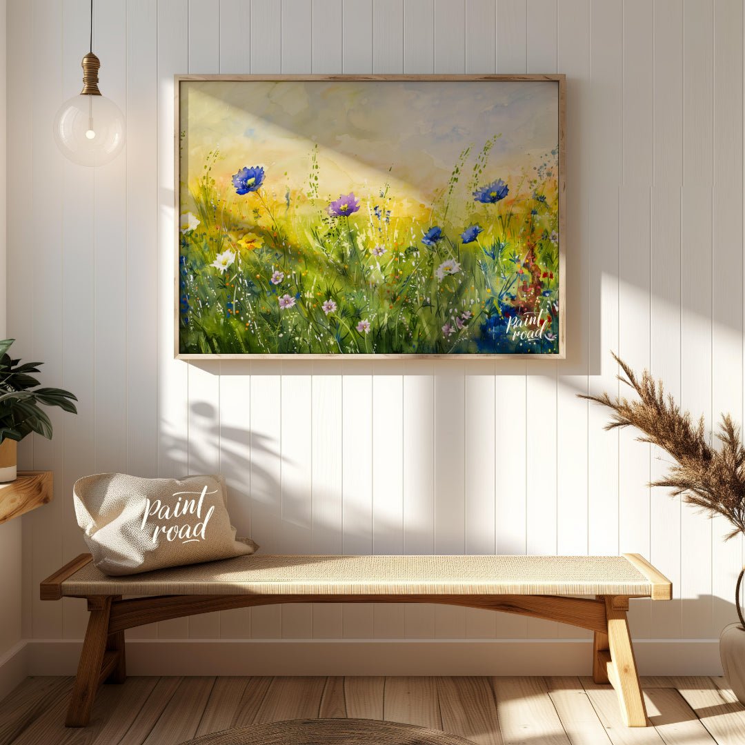 This vibrant digital watercolor painting captures a sunlit meadow vista filled with an array of col… for entryway