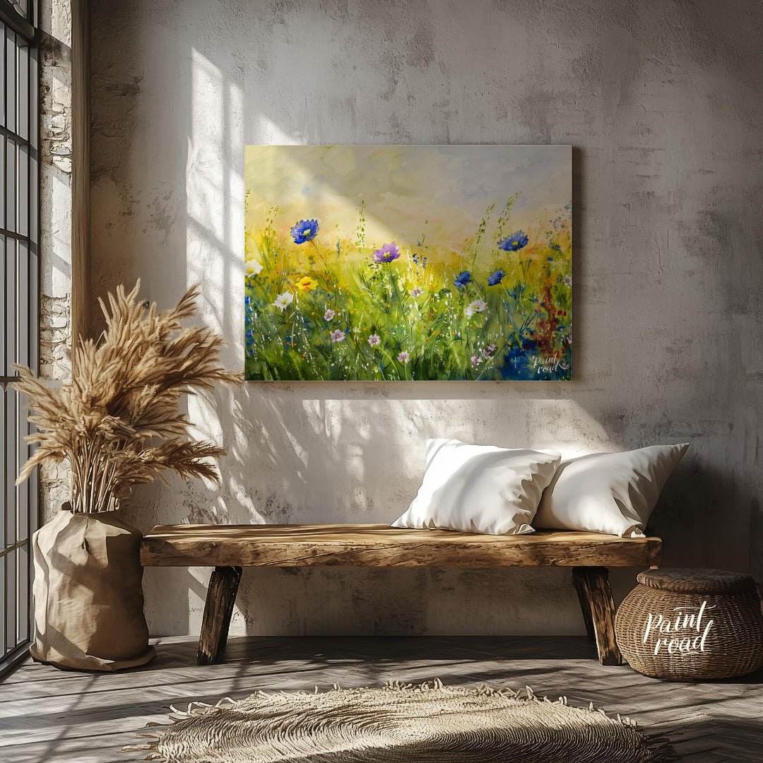 This vibrant digital watercolor painting captures a sunlit meadow vista filled with an array of col… for entryway