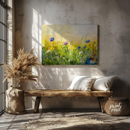 This vibrant digital watercolor painting captures a sunlit meadow vista filled with an array of col… for entryway