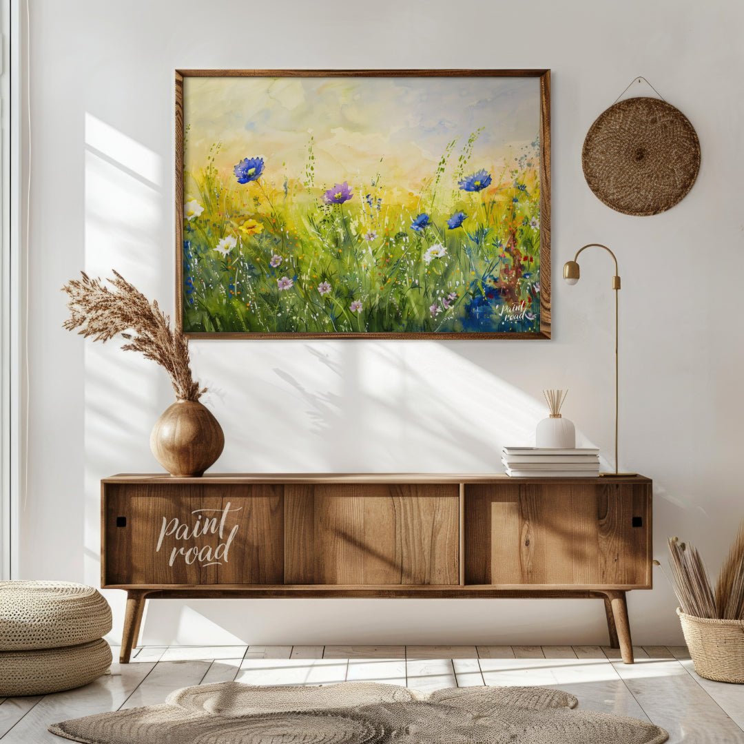 This vibrant digital watercolor painting captures a sunlit meadow vista filled with an array of col… for living room