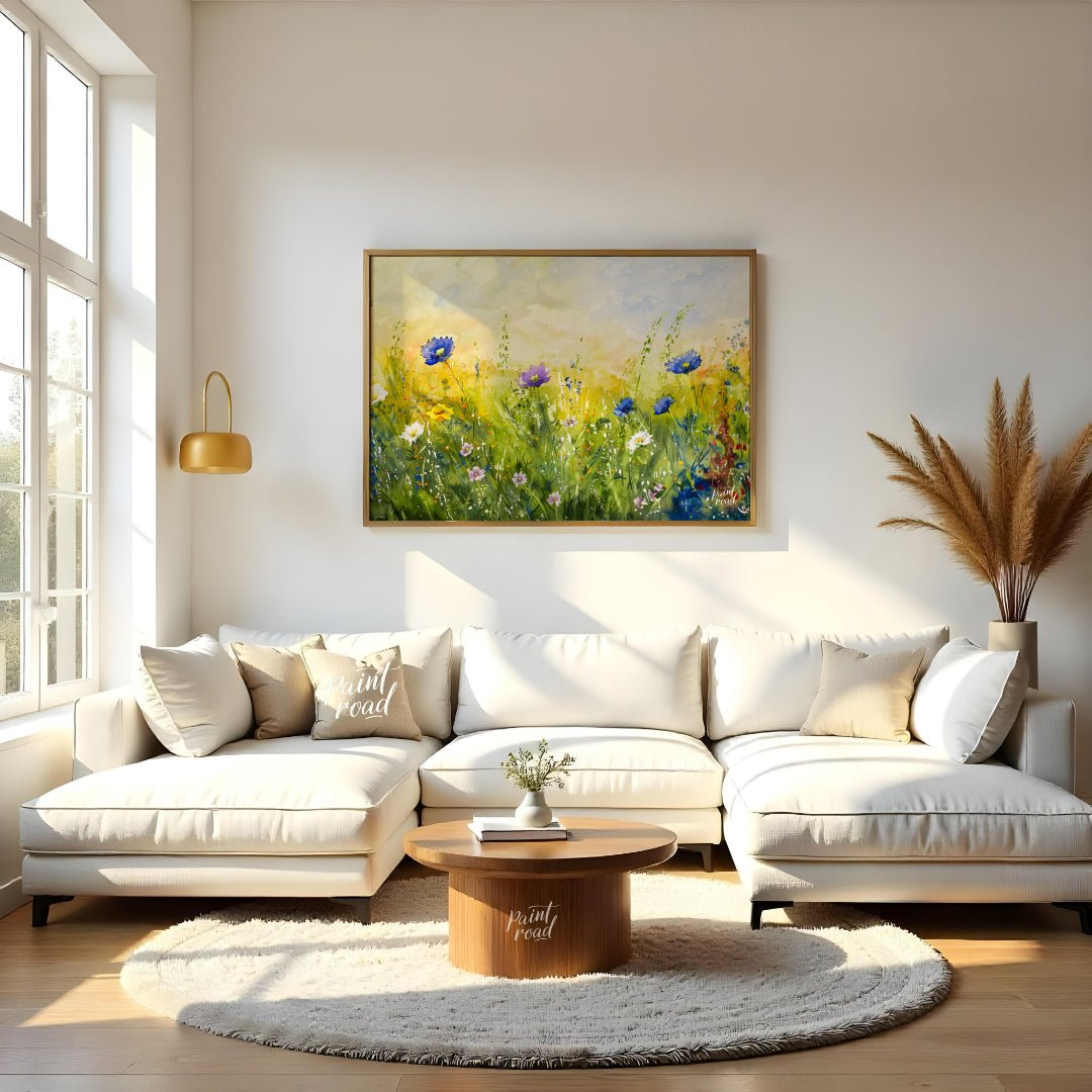 This vibrant digital watercolor painting captures a sunlit meadow vista filled with an array of col… for living room