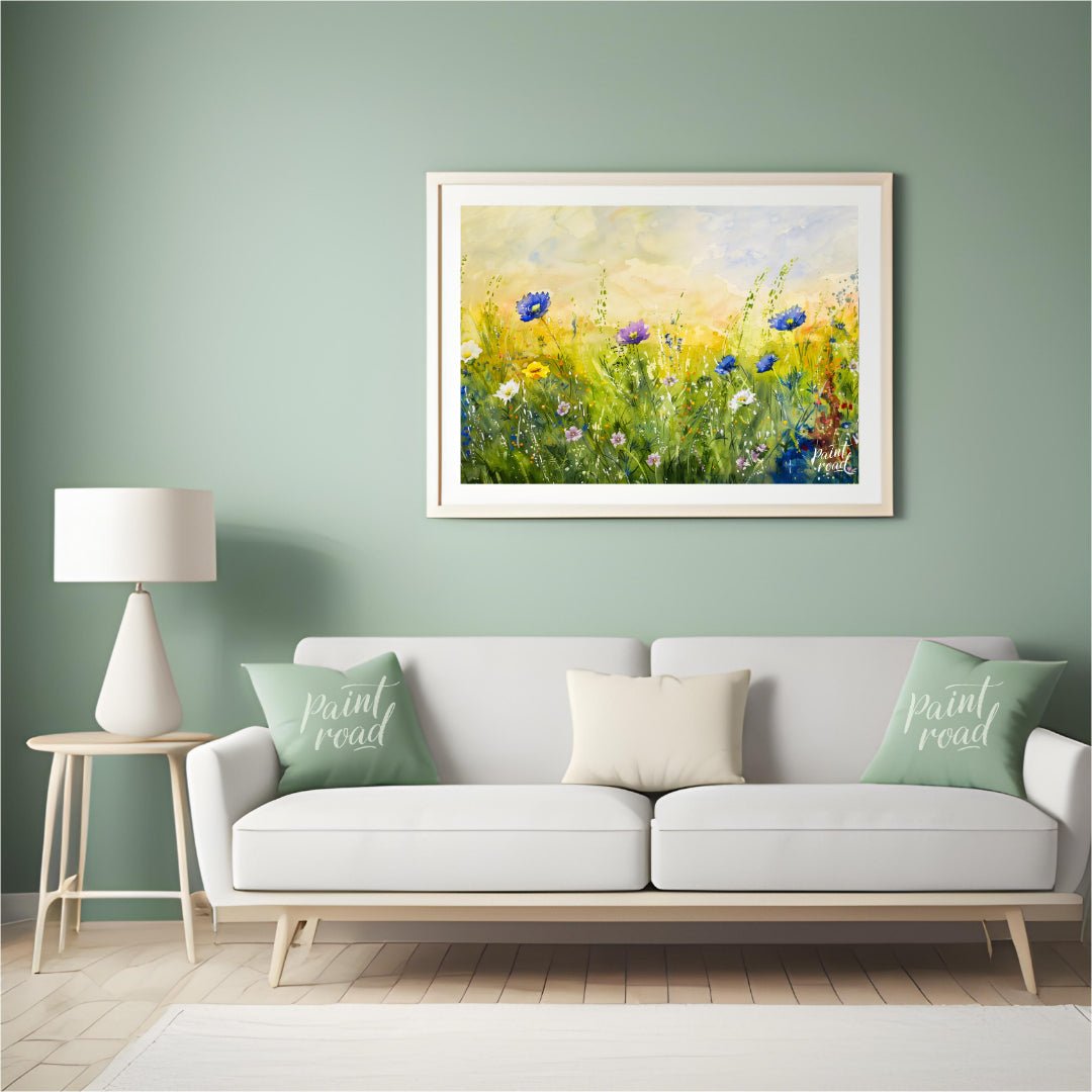 This vibrant digital watercolor painting captures a sunlit meadow vista filled with an array of col… for living room