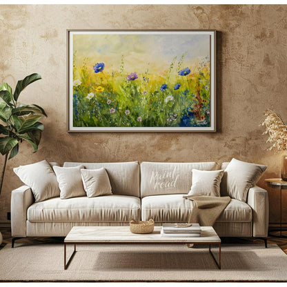 This vibrant digital watercolor painting captures a sunlit meadow vista filled with an array of col… for living room