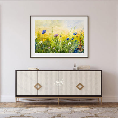 This vibrant digital watercolor painting captures a sunlit meadow vista filled with an array of col… for living room