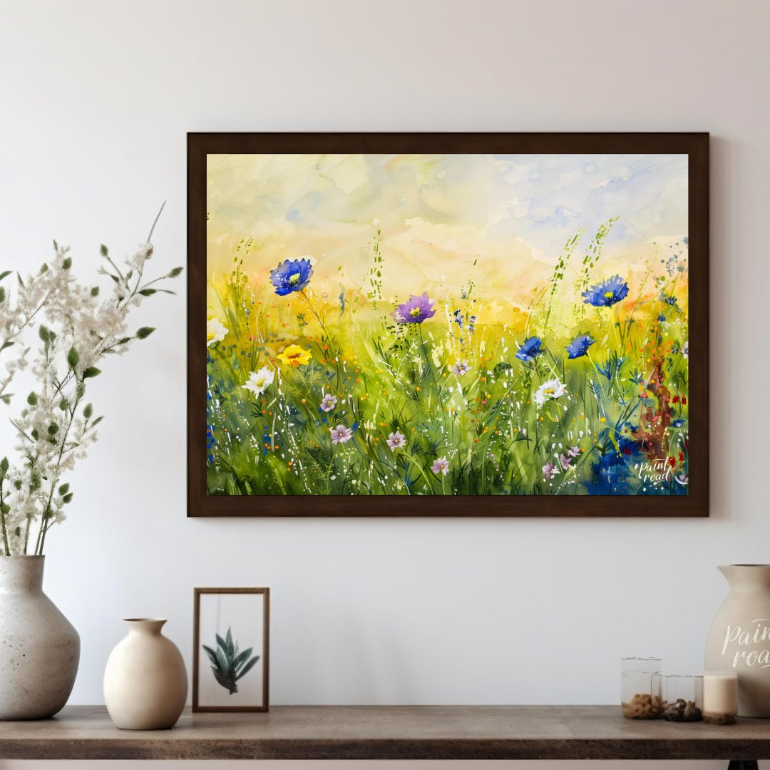 This vibrant digital watercolor painting captures a sunlit meadow vista filled with an array of col… for living room