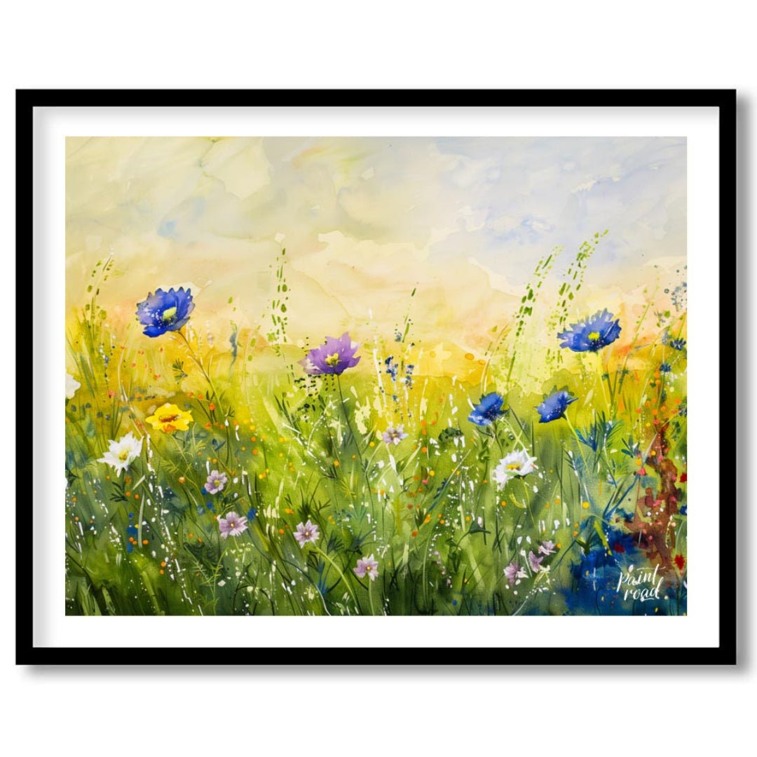 This vibrant digital watercolor painting captures a sunlit meadow vista filled with an array of col… for sweet home