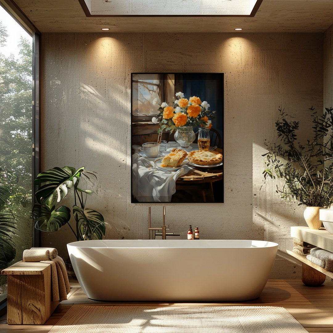 This charming still life captures the essence of a tranquil breakfast setting bathed in sunlight. for Bathroom