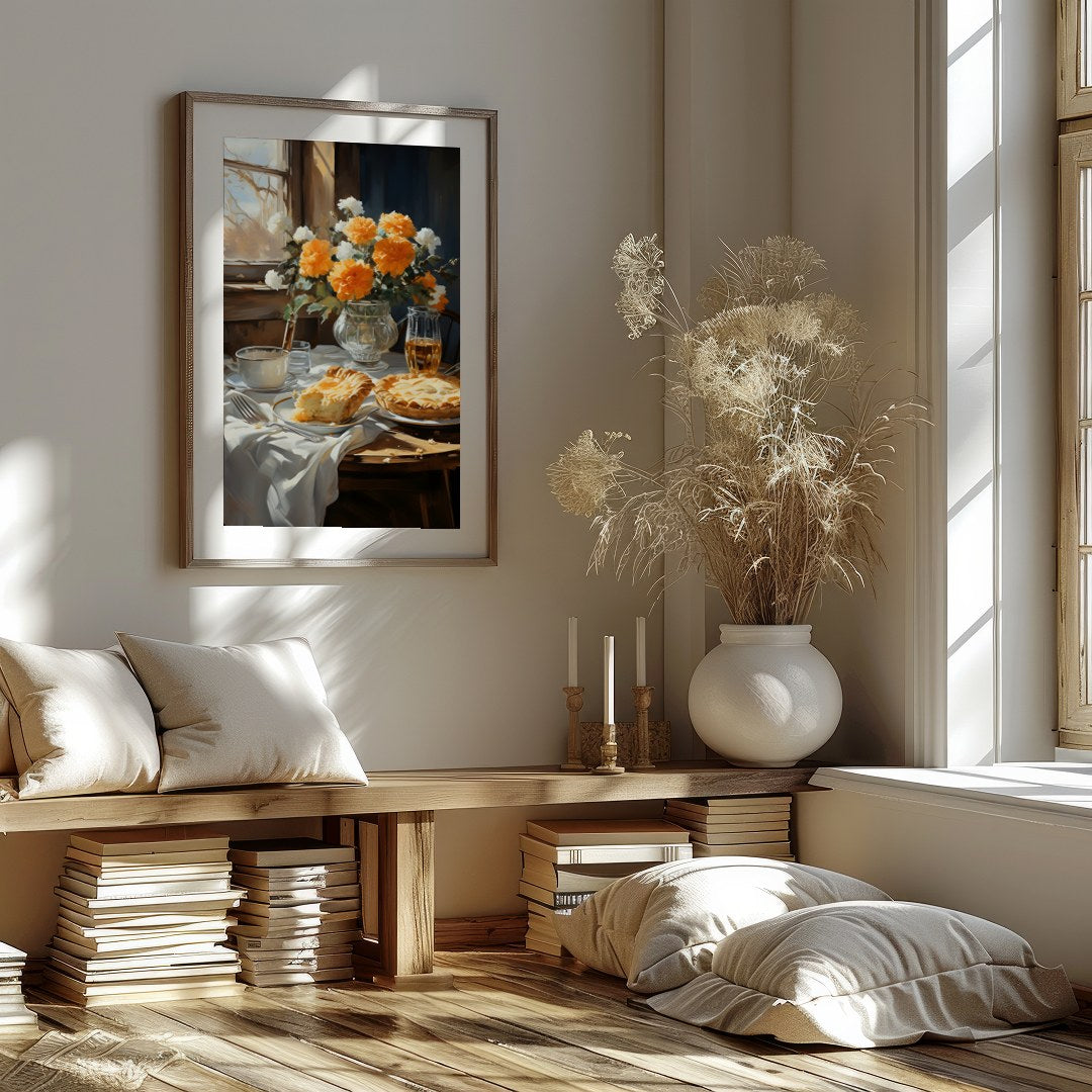 This charming still life captures the essence of a tranquil breakfast setting bathed in sunlight. for loft