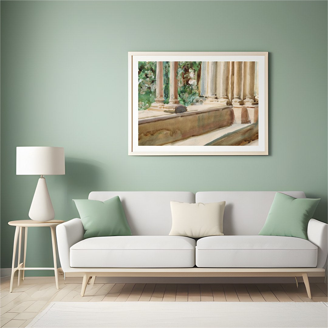 Immerse yourself in the tranquil beauty of classical architecture with this exquisite artwork. The for Hall