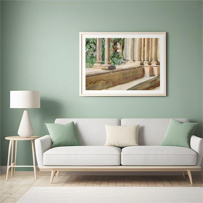 Immerse yourself in the tranquil beauty of classical architecture with this exquisite artwork. The for Hall