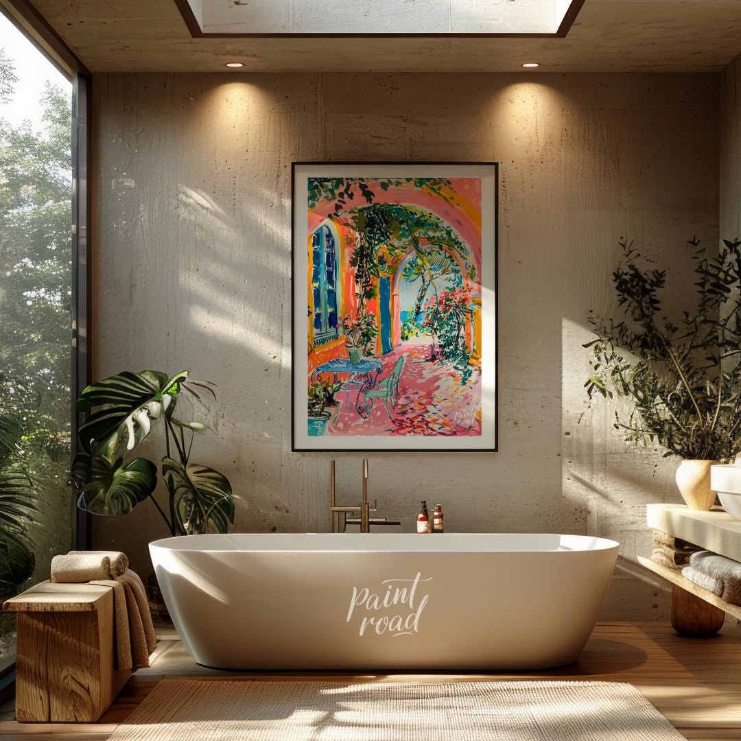 This beautiful painting captures a vibrant outdoor scene with a charming blend of architectural det… for bathroom