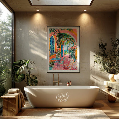 This beautiful painting captures a vibrant outdoor scene with a charming blend of architectural det… for bathroom