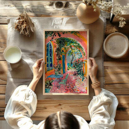 This beautiful painting captures a vibrant outdoor scene with a charming blend of architectural det… for dining room