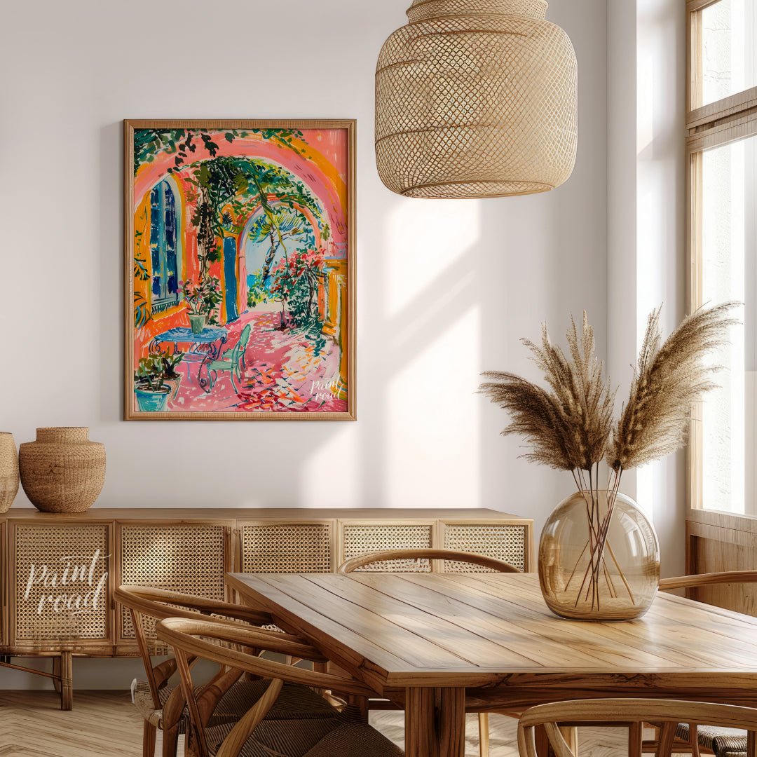 This beautiful painting captures a vibrant outdoor scene with a charming blend of architectural det… for dining room