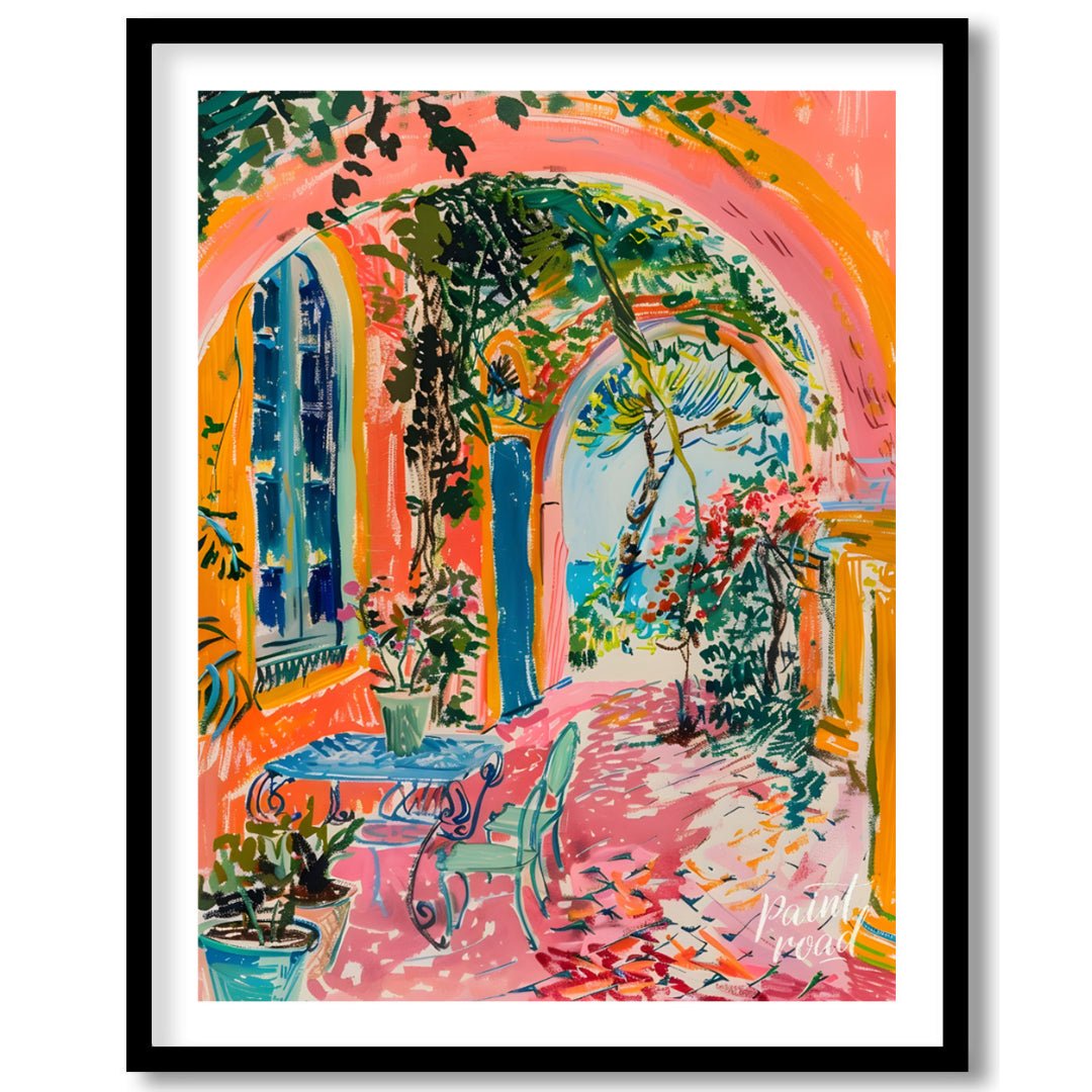 This beautiful painting captures a vibrant outdoor scene with a charming blend of architectural det… for house