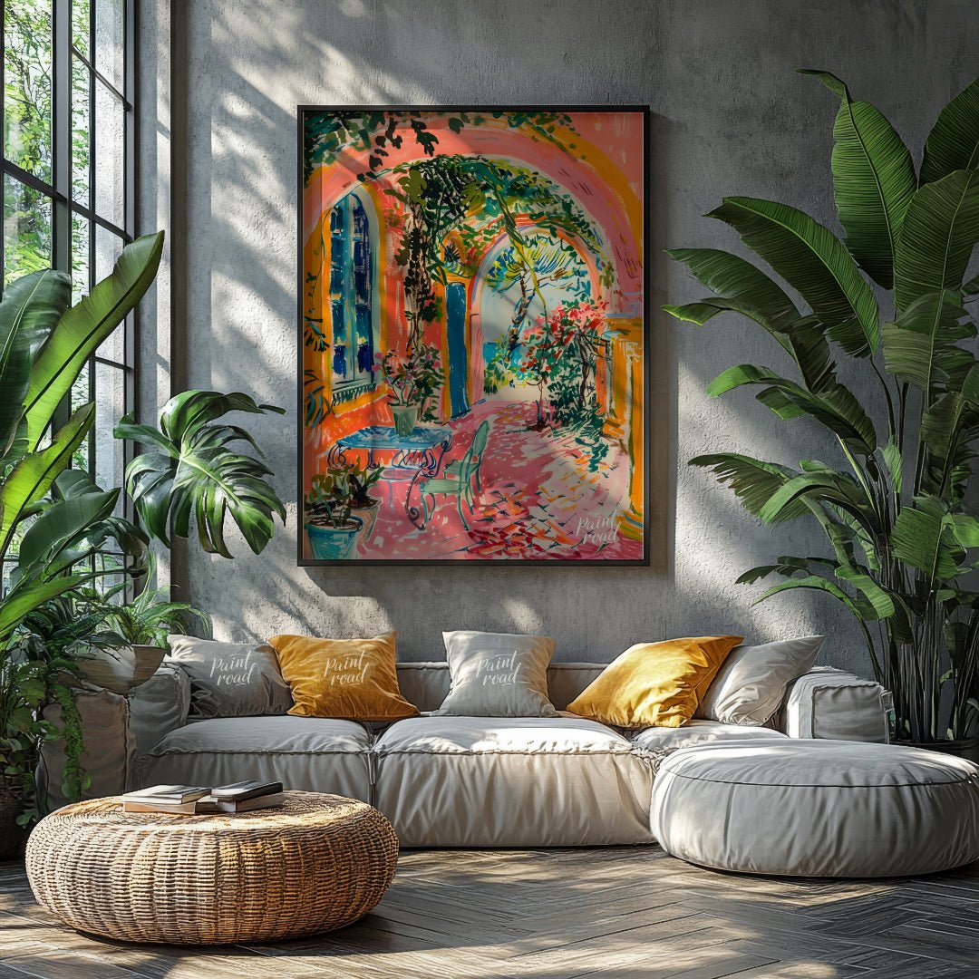 This beautiful painting captures a vibrant outdoor scene with a charming blend of architectural det… for living room