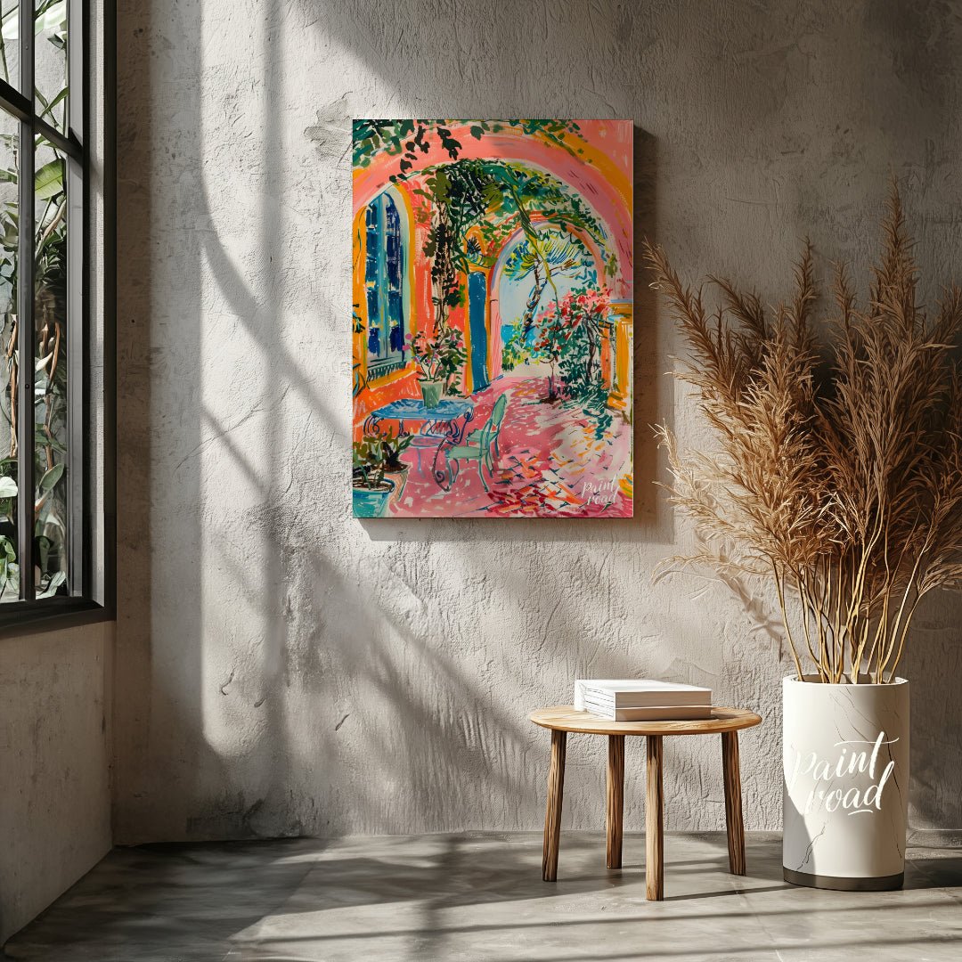 This beautiful painting captures a vibrant outdoor scene with a charming blend of architectural det… for living room