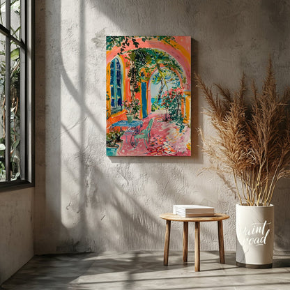 This beautiful painting captures a vibrant outdoor scene with a charming blend of architectural det… for living room