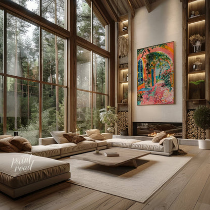 This beautiful painting captures a vibrant outdoor scene with a charming blend of architectural det… for living room