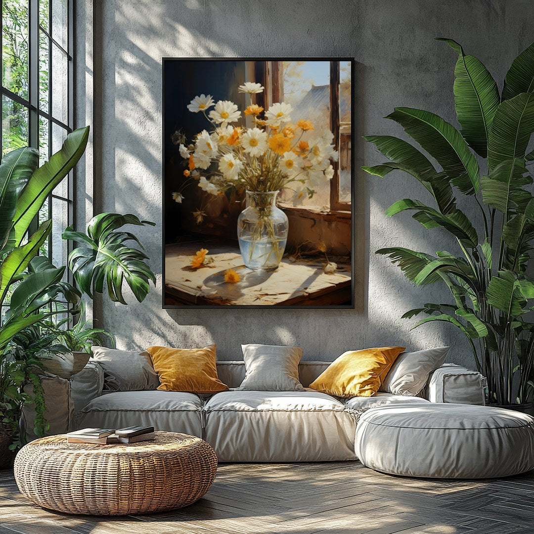 Capture the essence of a sunny morning with this exquisite painting of daisies gently illuminated for Balcony