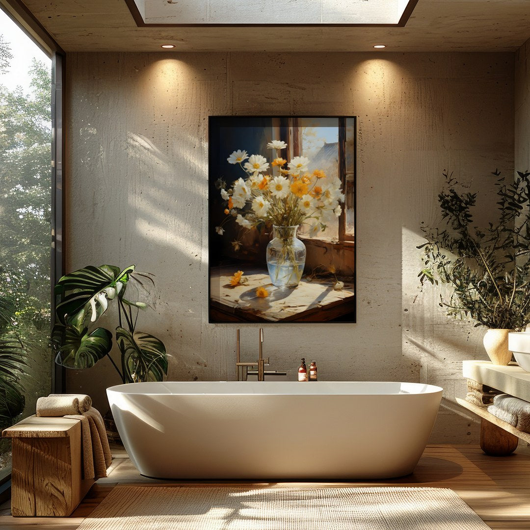 Capture the essence of a sunny morning with this exquisite painting of daisies gently illuminated for Bathroom