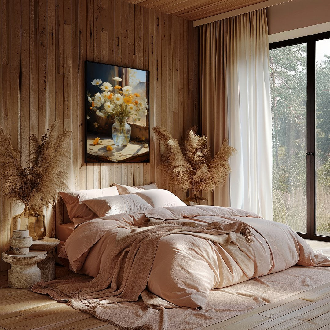 Capture the essence of a sunny morning with this exquisite painting of daisies gently illuminated for Bedroom
