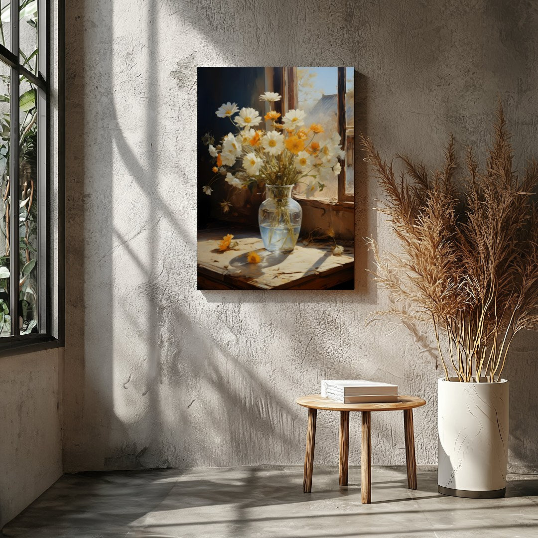 Capture the essence of a sunny morning with this exquisite painting of daisies gently illuminated for Entrance