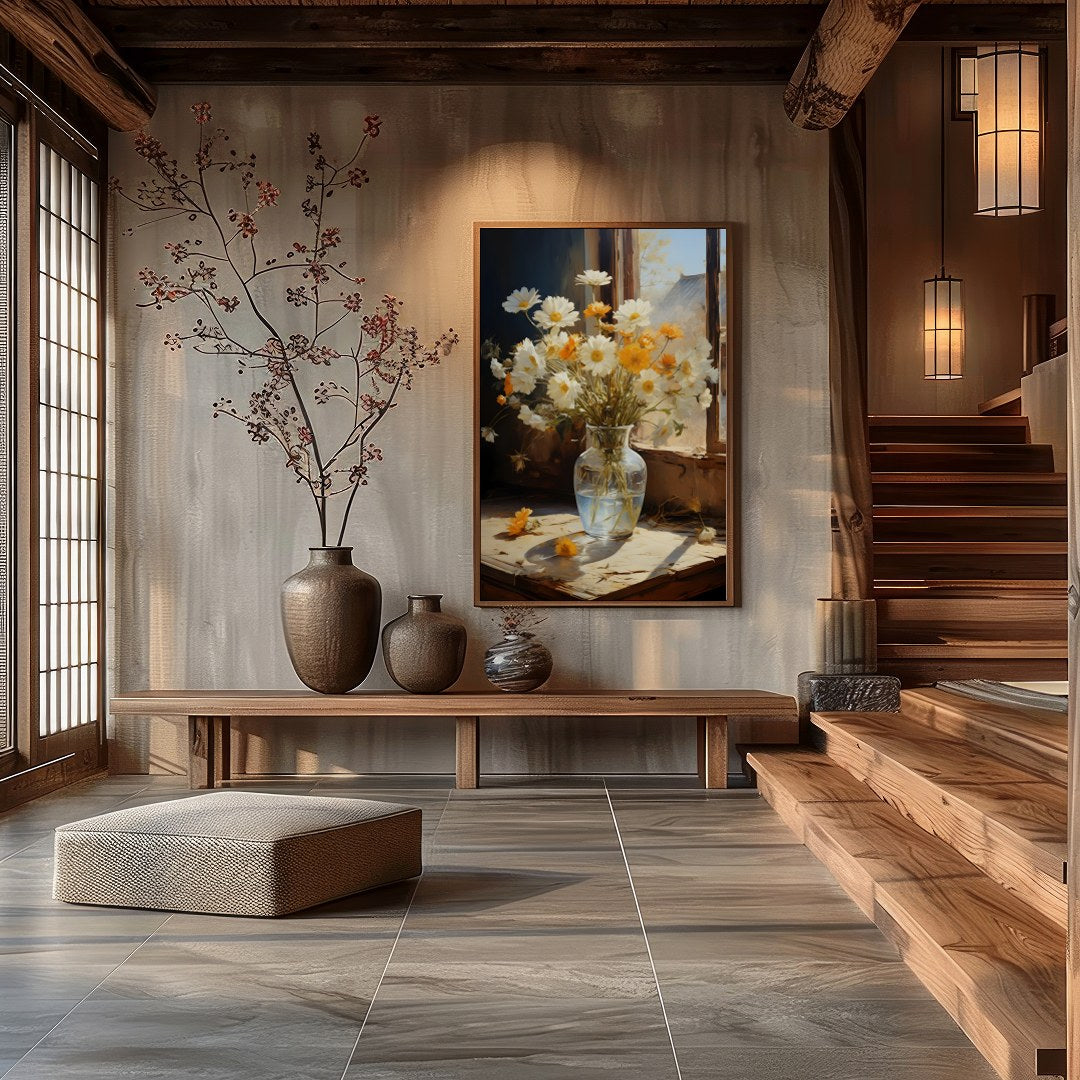 Capture the essence of a sunny morning with this exquisite painting of daisies gently illuminated for Hall