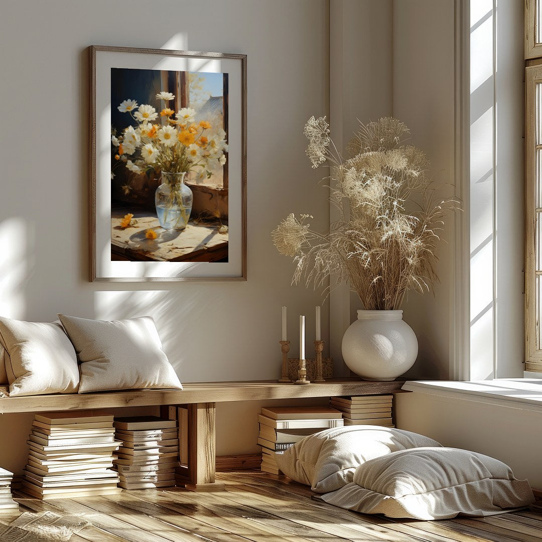 Capture the essence of a sunny morning with this exquisite painting of daisies gently illuminated for haven