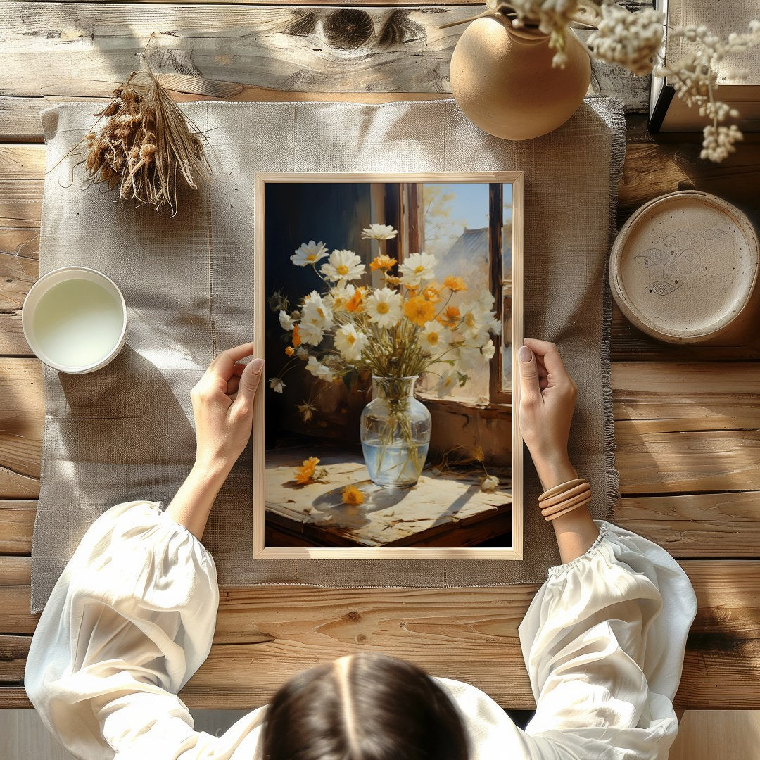 Capture the essence of a sunny morning with this exquisite painting of daisies gently illuminated for Kitchen