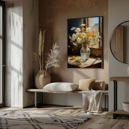 Capture the essence of a sunny morning with this exquisite painting of daisies gently illuminated for loft