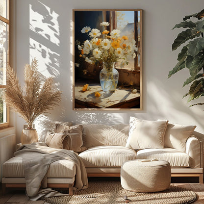 Capture the essence of a sunny morning with this exquisite painting of daisies gently illuminated for Sitting Area