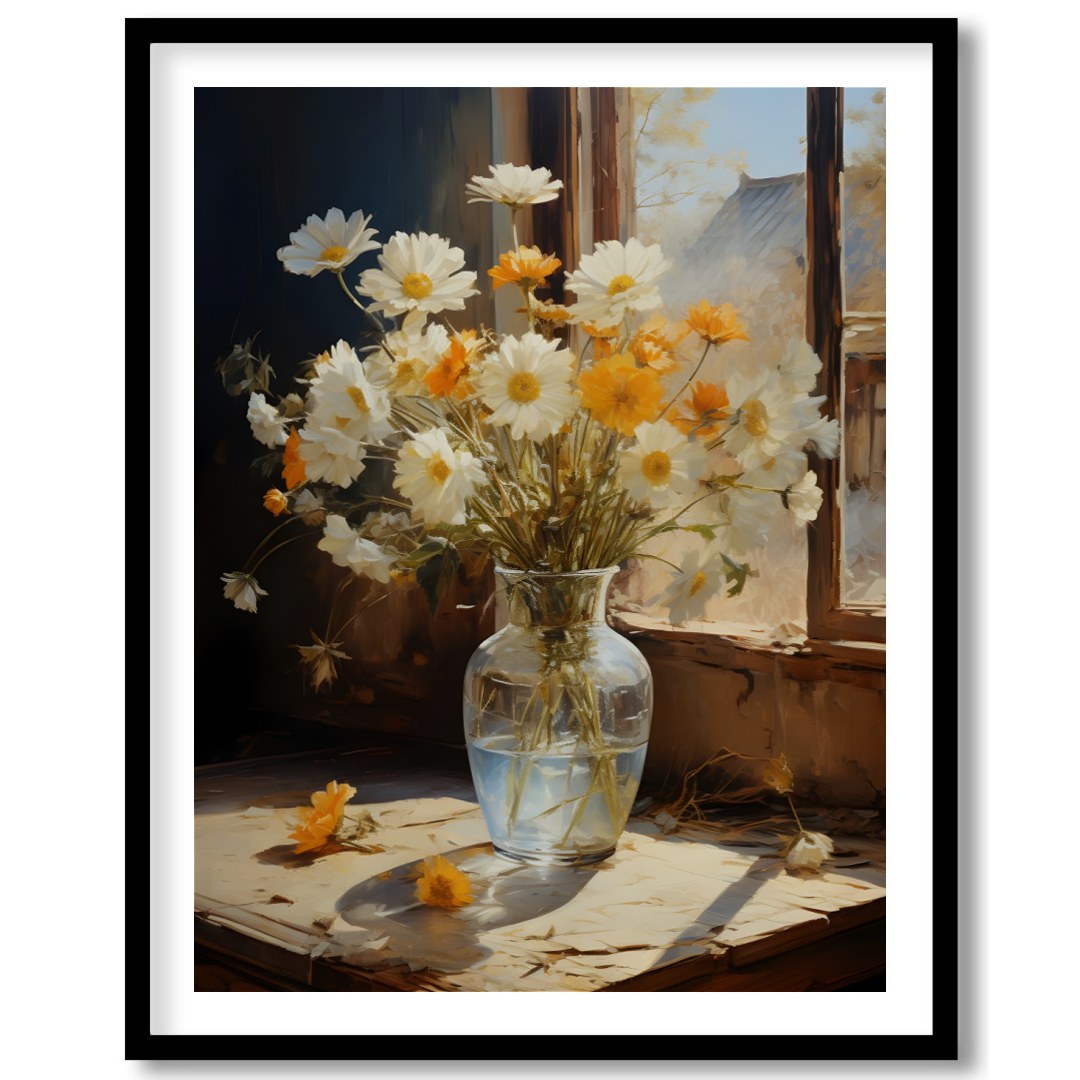 Capture the essence of a sunny morning with this exquisite painting of daisies gently illuminated for studio