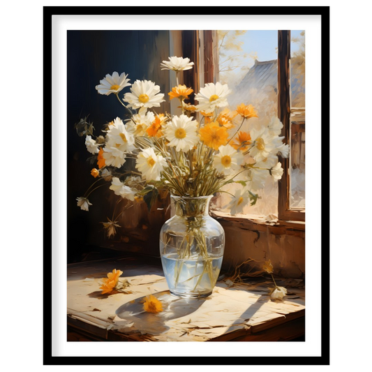 Capture the essence of a sunny morning with this exquisite painting of daisies gently illuminated for studio