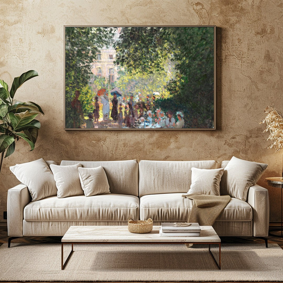 Experience the tranquility of a sunlit garden with this exquisite artwork. The lush greenery and for Family Room