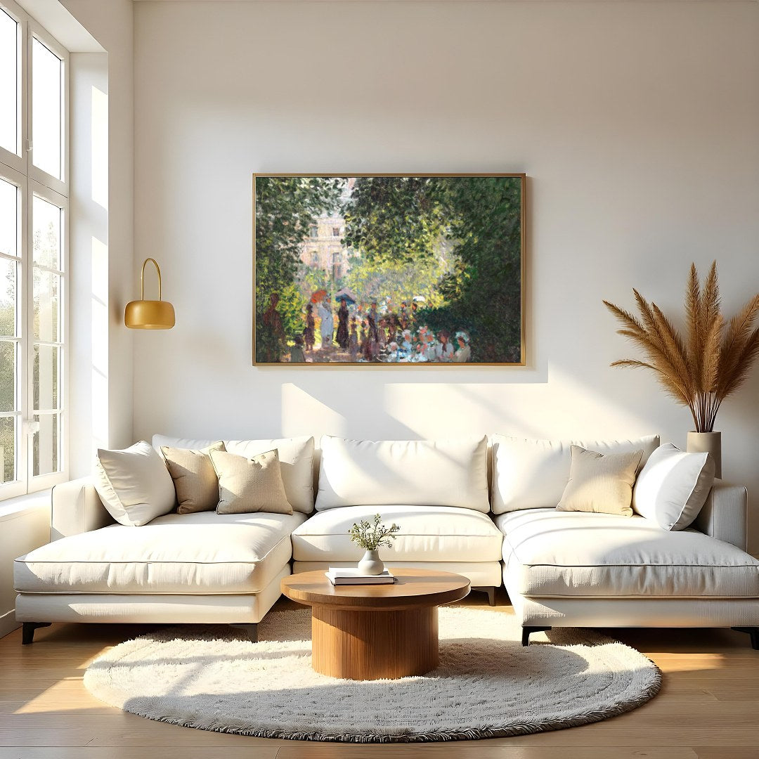 Experience the tranquility of a sunlit garden with this exquisite artwork. The lush greenery and for Living Room
