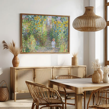 Immerse yourself in the serene beauty of a sun-dappled garden pathway lined with vibrant for Dining