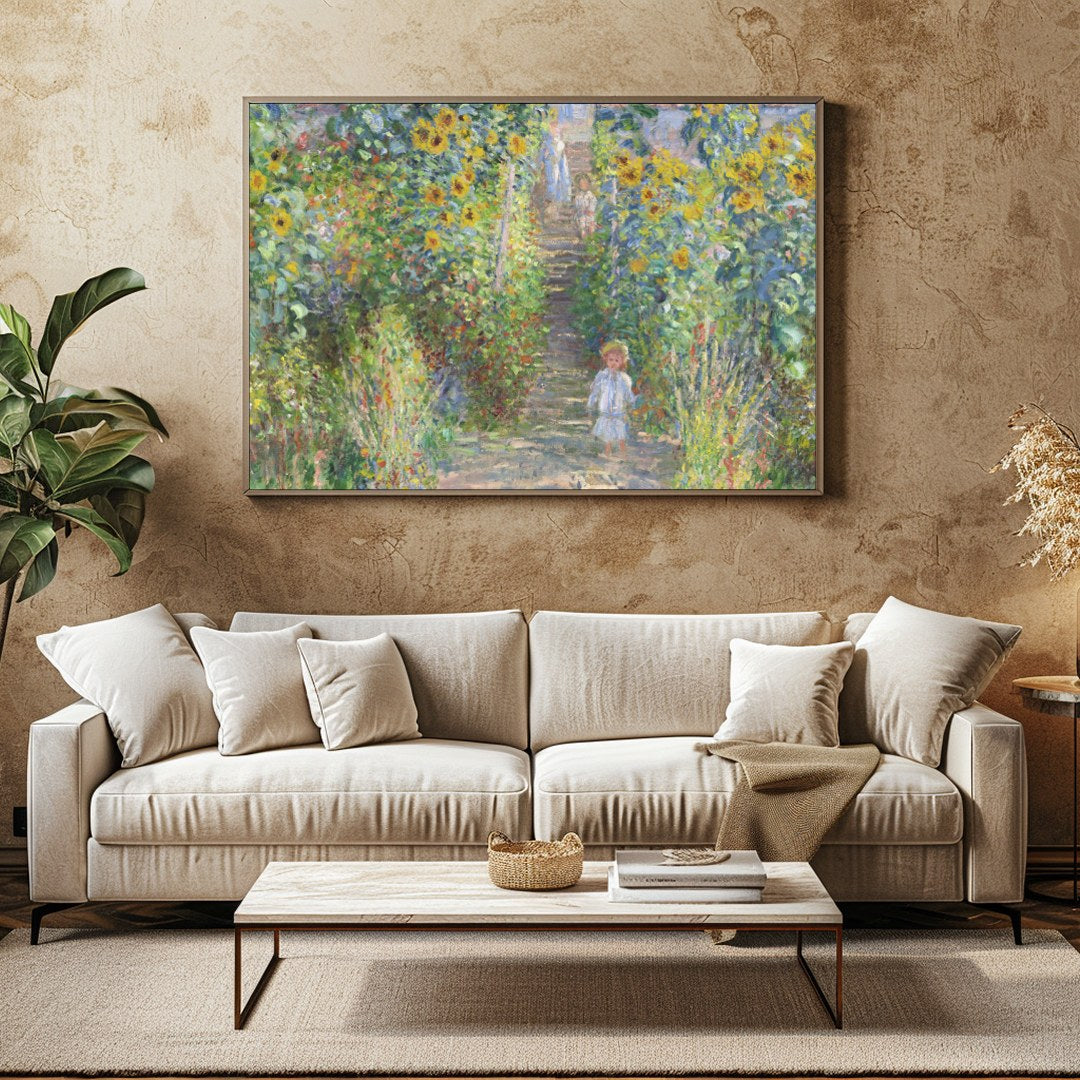 Immerse yourself in the serene beauty of a sun-dappled garden pathway lined with vibrant for Family Room