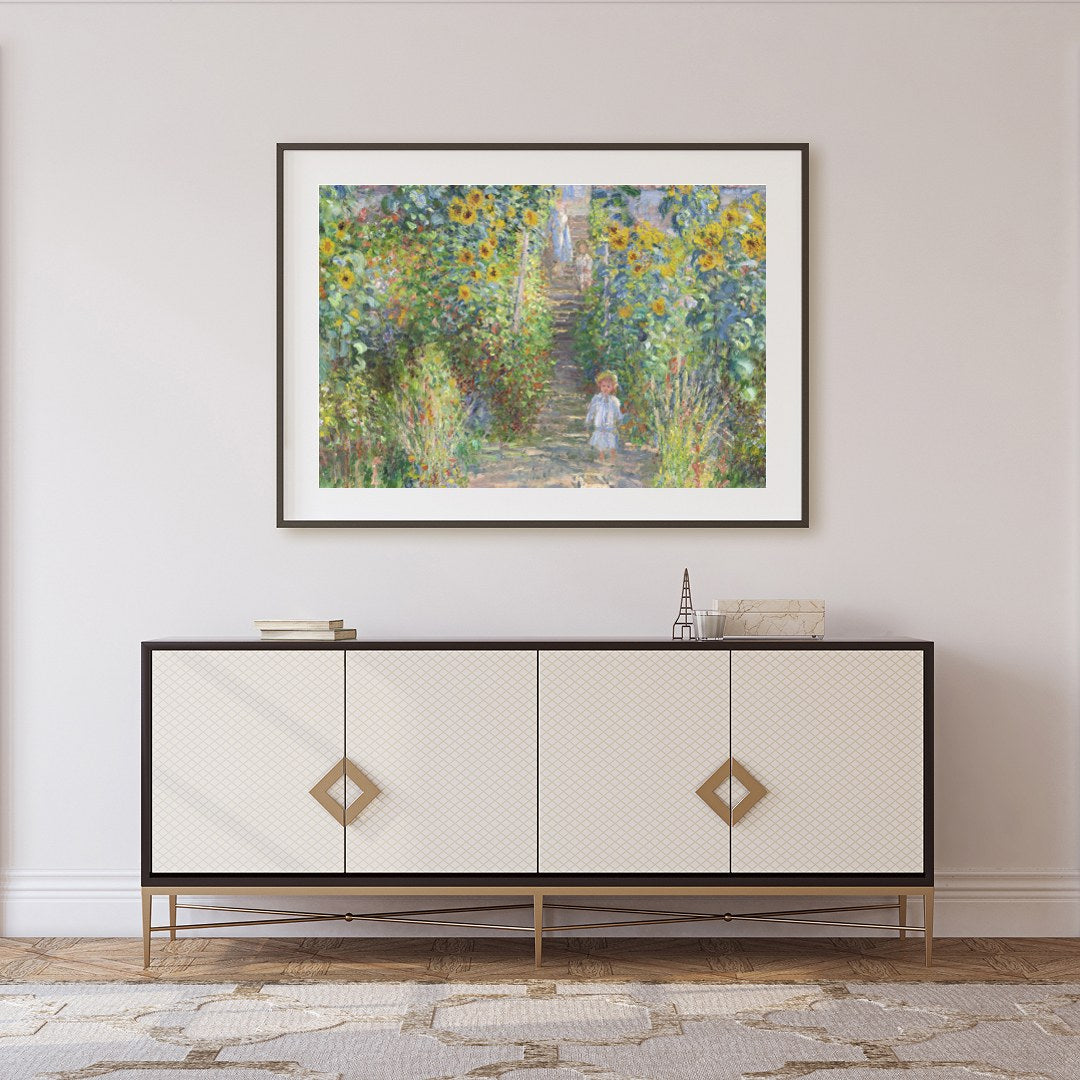 Immerse yourself in the serene beauty of a sun-dappled garden pathway lined with vibrant for Foyer