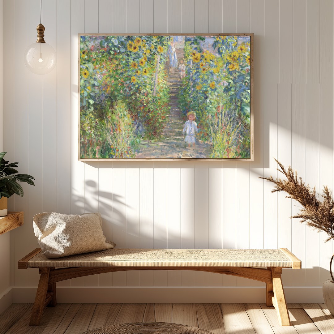 Immerse yourself in the serene beauty of a sun-dappled garden pathway lined with vibrant for Hallway