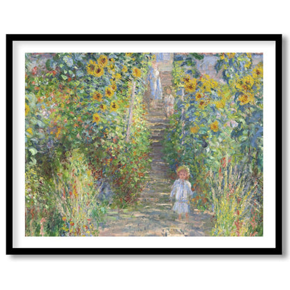 Immerse yourself in the serene beauty of a sun-dappled garden pathway lined with vibrant for loft